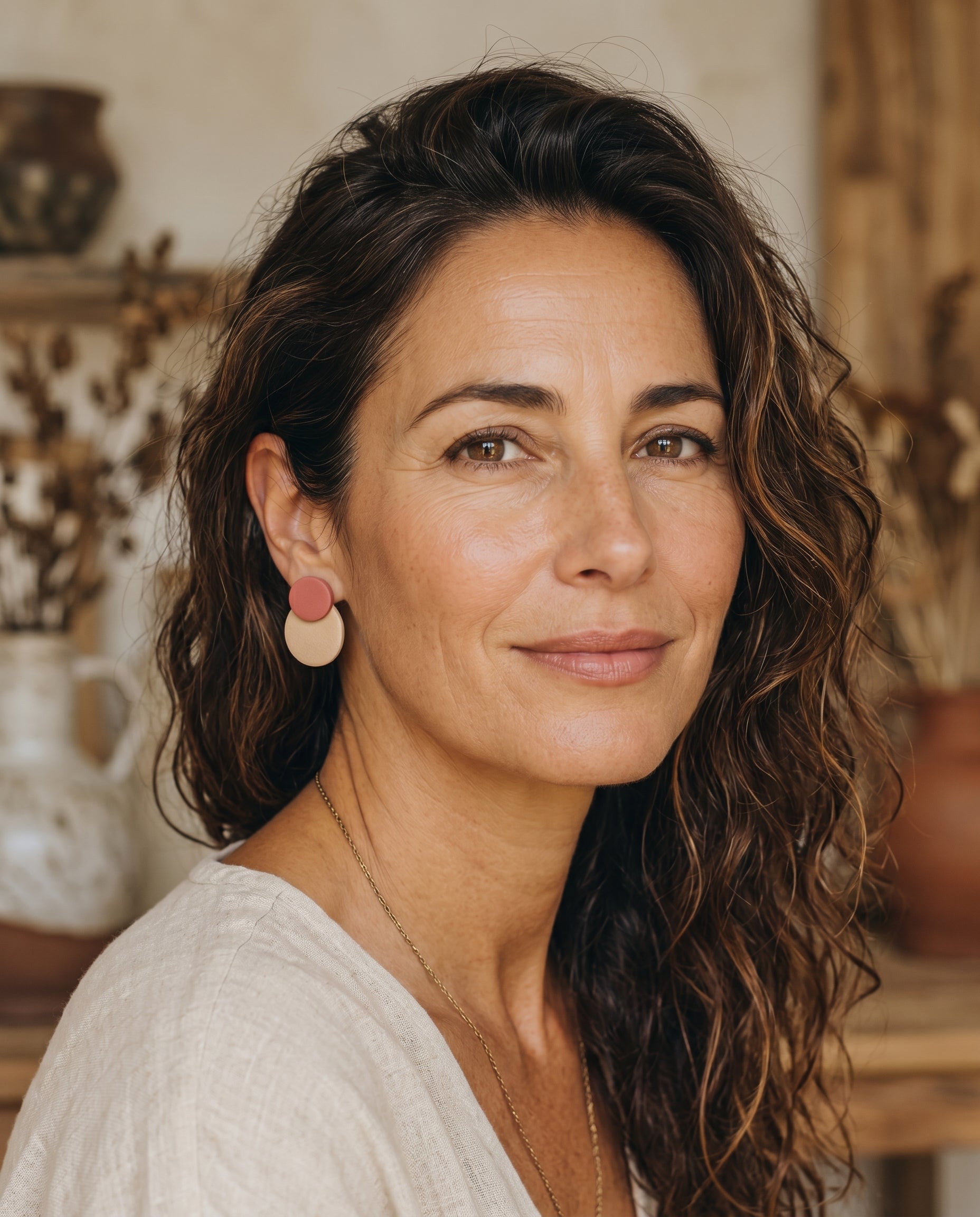 Pendientes Serena Kaiora artesanales rosa empolvado y arena mate