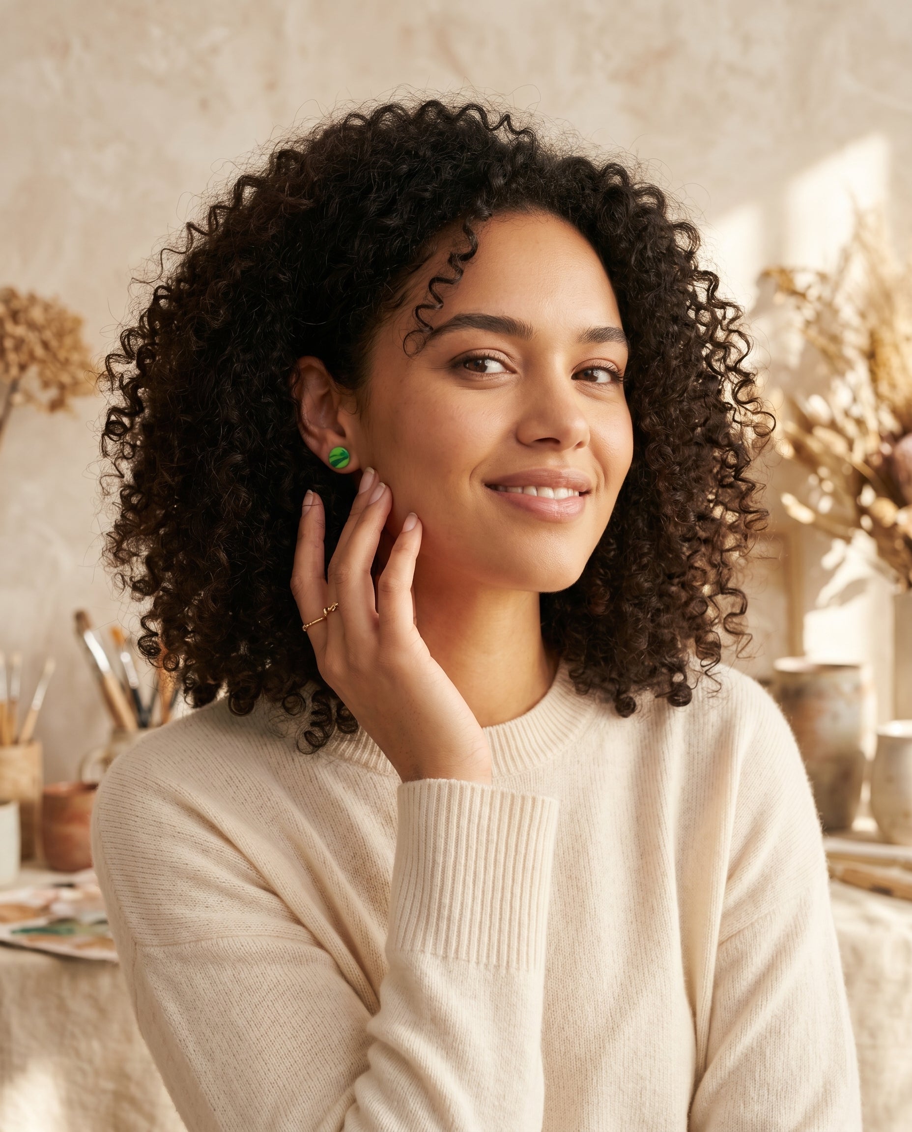 Pendientes Selva Esmeralda verdes y anillo dorado Kaiora en mujer con rizos.