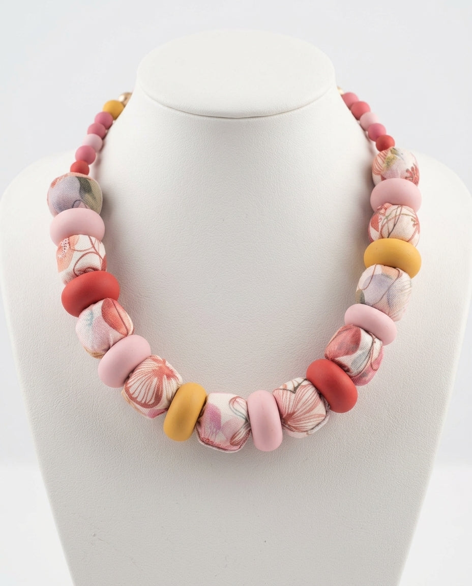 Collar Kaiora Lago de cuentas grandes textiles estampadas botánicas y lisas en rosa, rojo y amarillo.